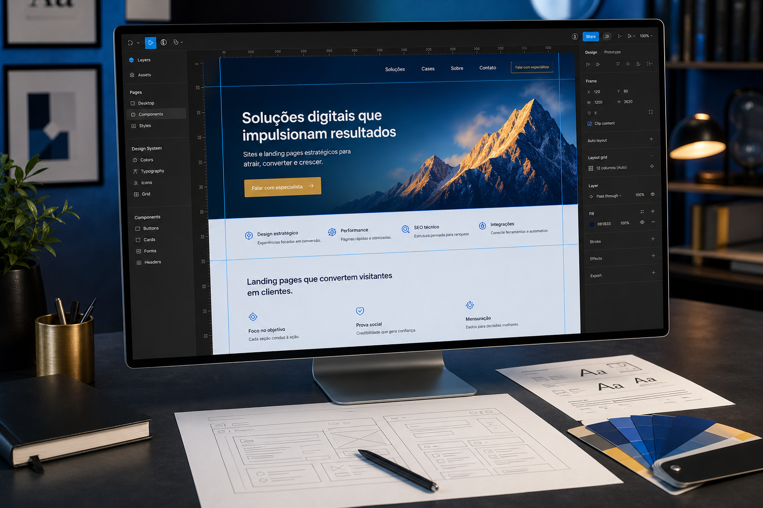 Site sendo construído em um editor visual com wireframes, tipografia e paleta de cores